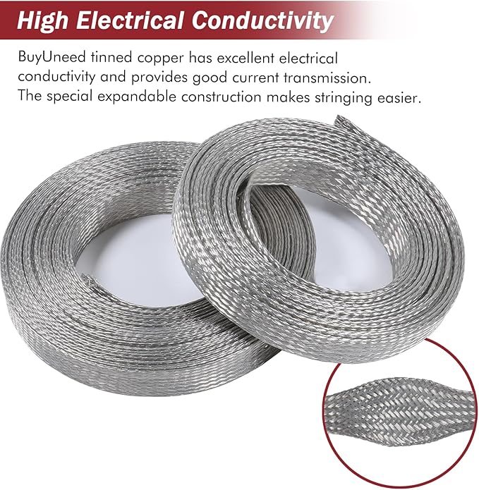 BuyUneed Tinned Copper Metal Braid Sleeving Wire Shielding Sleeve Braided Copper Ground Straps EMI/RFI Interference Expandable Flat Mesh Shielding Cable for Protect Wire (1/2inch-22ft)