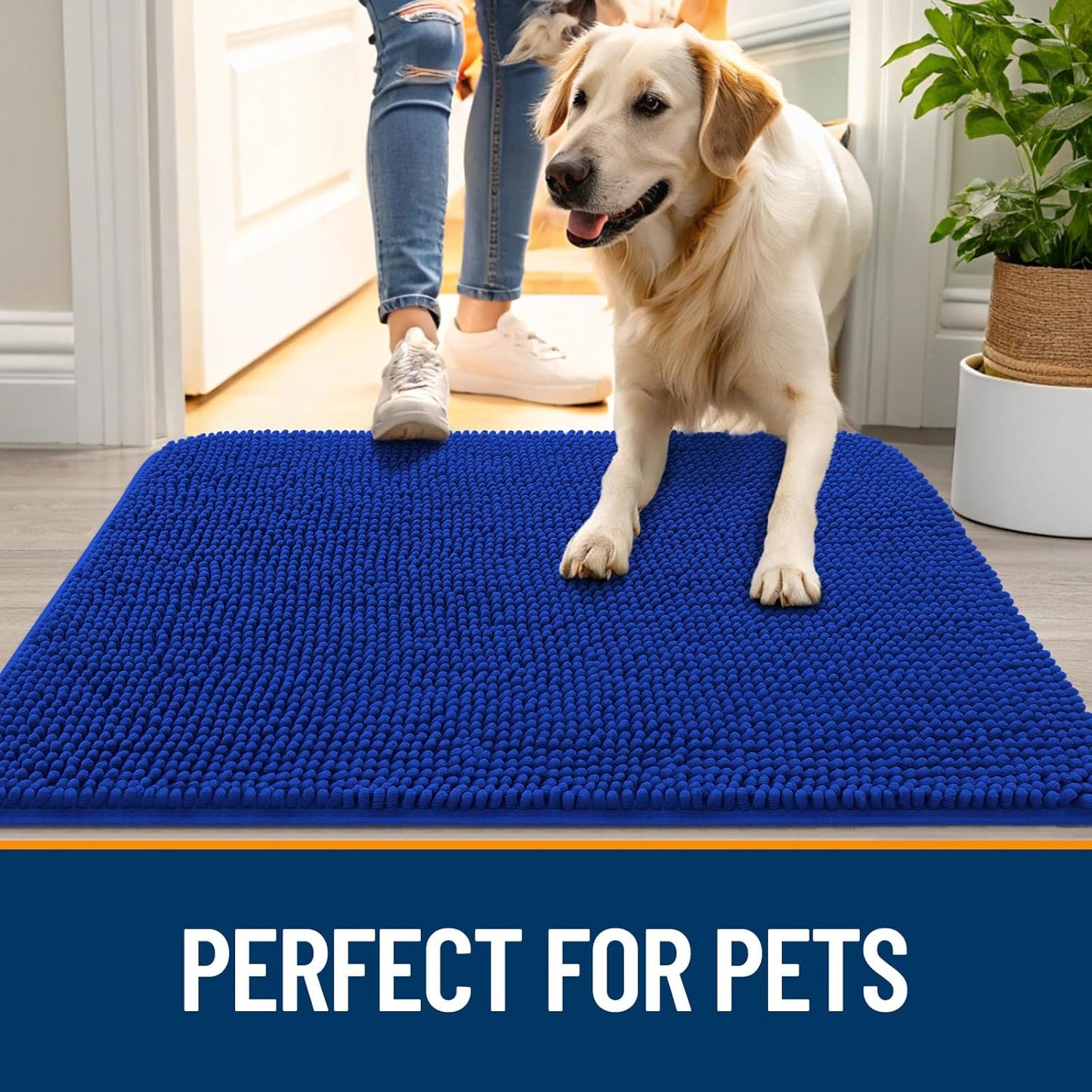 OLANLY Dog Door Mat - Absorbent Non-Slip Washable Chenille Mat for Muddy Paws | 36x24 Royal Blue