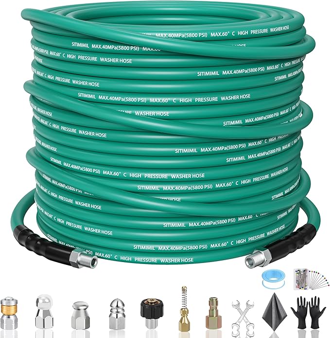 100FT Sewer Jetter Kit for Pressure Washer,1/4ââNPT Drain Cleaner Hose 5800PSI, With Adapter Corner Rotating Button Nose Sewer Jetting Nozzles Kit Pearl Corsage Pin Spanner Waterproof Tape