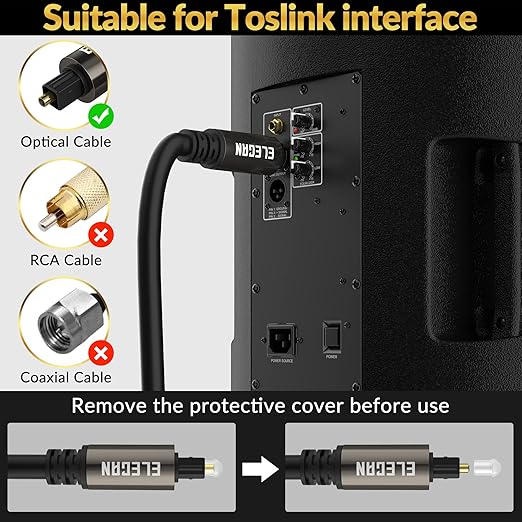 Elecan Optical Audio Cable 25 Ft Digital Audio Toslink Cable Cord-Fiber Optic-Gold Plated-Flexiable&Durable-for Home Theater,Sound Bar,PS4&Xbox-with 4 Right Angled and Mini Toslink Adapters+Ties