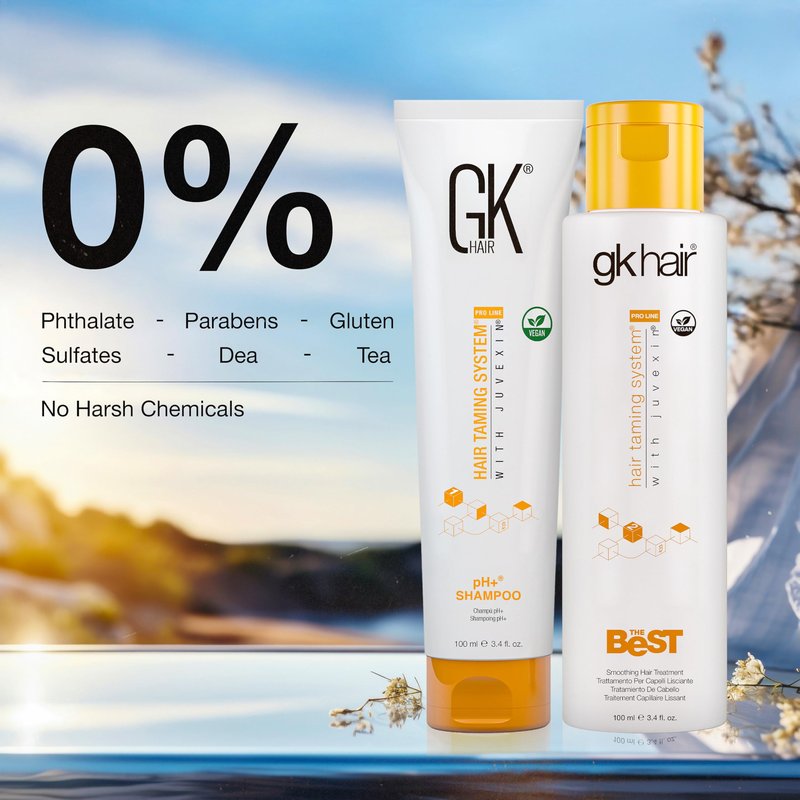 GK HAIR – Smoothing Keratin Treatment & pH Clarifying Shampoo Set 3.4 Oz – Frizz Control & Shine Enhancement System for Unruly, Strengthening Hair Healthy With Juvexin V2 Plant Protein & Aloe Vera