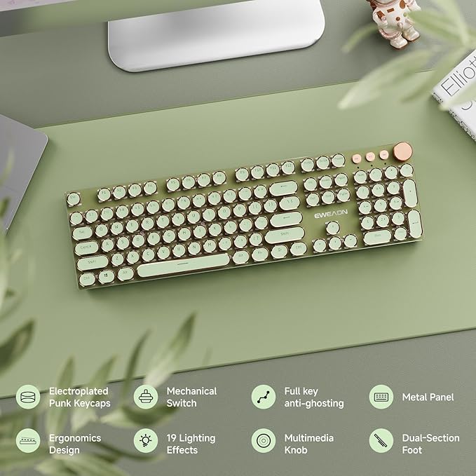 EWEADN Wired Typewriter Mechanical Keyboard, Low Noise Retro Punk Keyboard with Media Knob, White Backlit, Metal Panel, 104-Key Round Keycaps gaming Keyboard for Windows PC, Pink Switch, Green