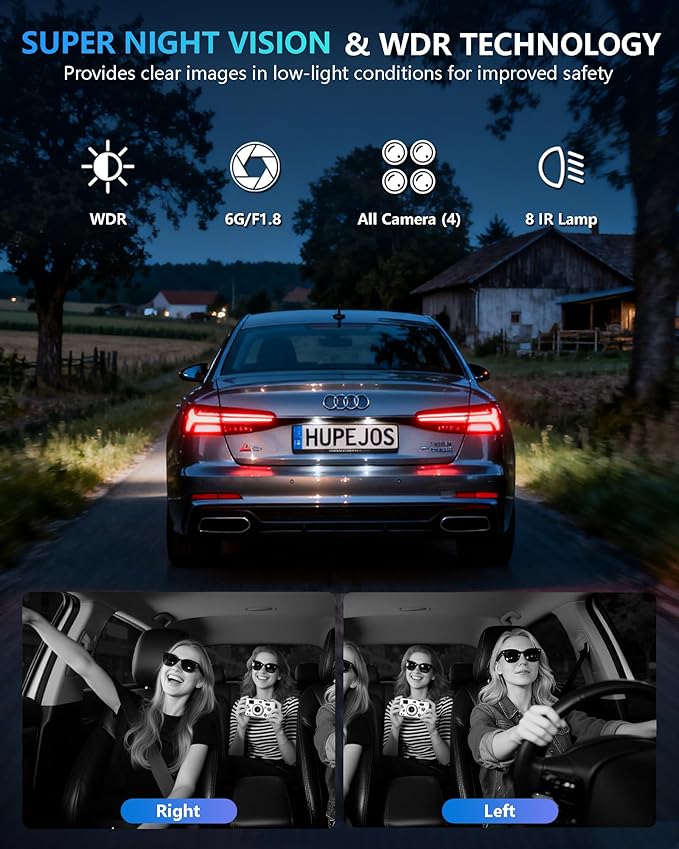 HUPEJOS AI Dash Cam Front Rear Inside with Driver Monitor System, 360° Car Camera 4K, 4 Channel Camera for Cars, WiFi GPS, Dashcam 64GB SD Card, Night Vision, 24H Parking Mode, Upgrade DMS V8Plus