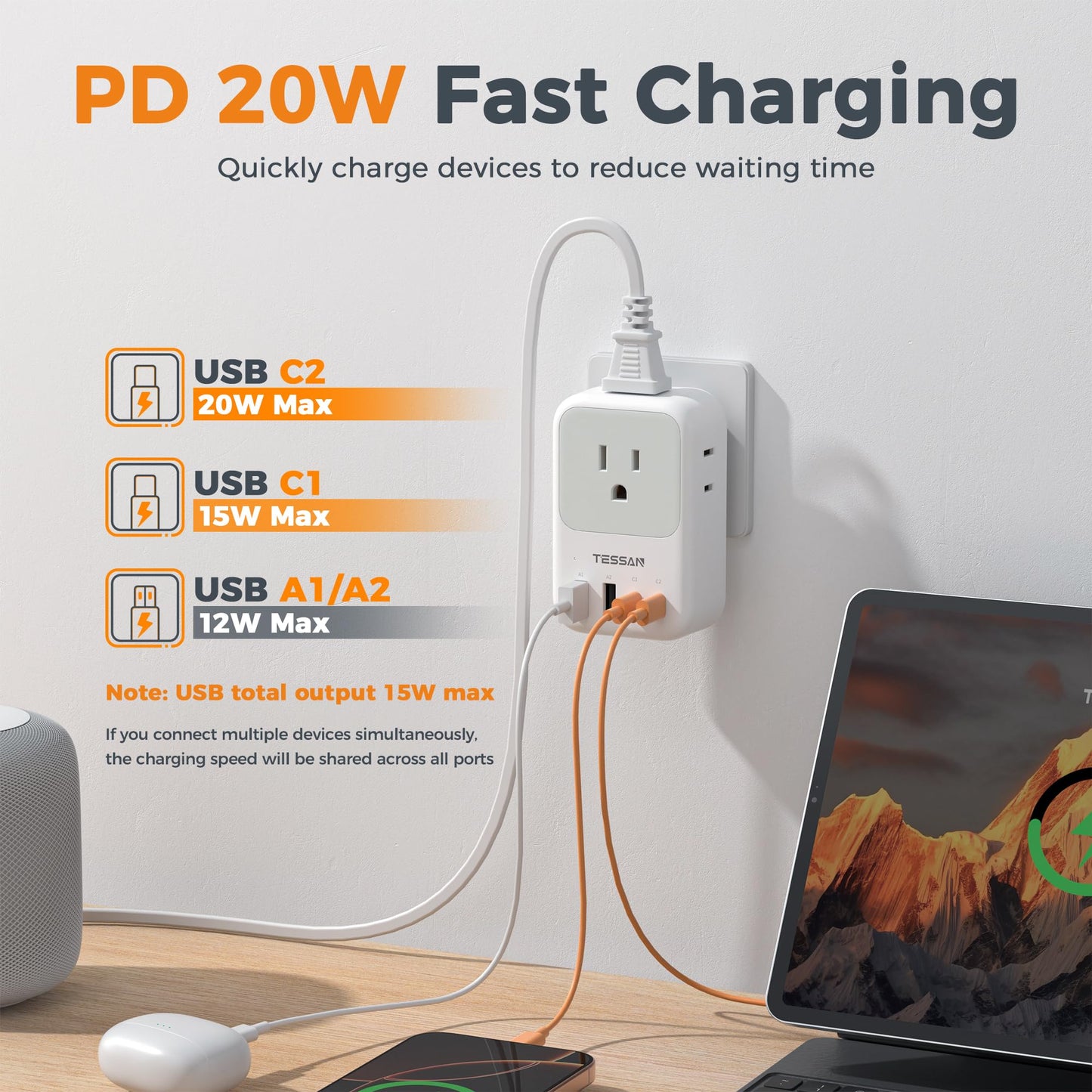 TESSAN USB C Charger Block 20W PD, Fast Charging Adapter with Foldable Plug, 1875W Power Outlet Extender(4 AC and 4 USB) for Cruise, Home, Office, Dorm Room Essentials, Grey