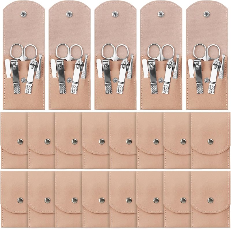Stainless Steel Manicure Set - Professional Nail Clippers Kit | 7-in-1 Grooming Tools, Pink (24 Pack)