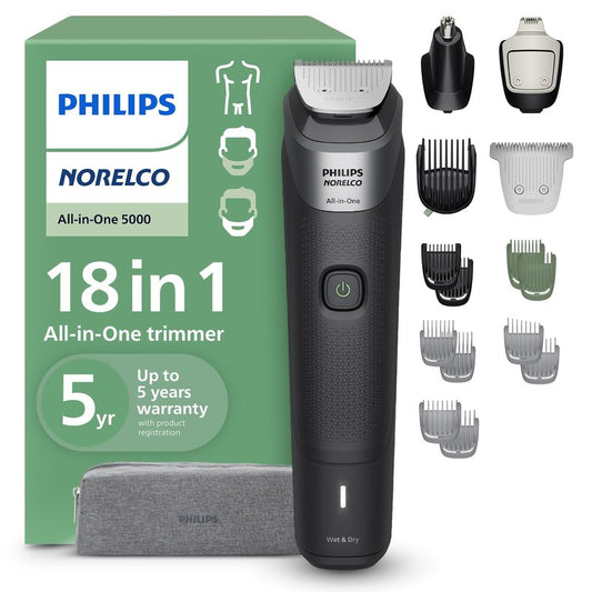 Philips Norelco All-in-One 18-Piece Trimmer 5000 Series - Shaver and Clipper for Face, Hair & Body, Self-sharpening Titanium Coated Blades, 16 Length Settings (0.5-16 mm), Wide Hair Clipper, MG5970/49