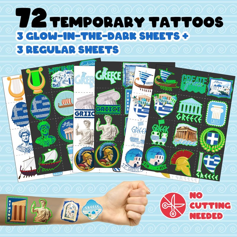 96 PCS Greek Mythology Party Favors Set – 72 Pre-Cut Temporary Tattoos & 24 Slap Bracelets, Perfect for Cultural Festivals & Travel-Inspired Celebrations