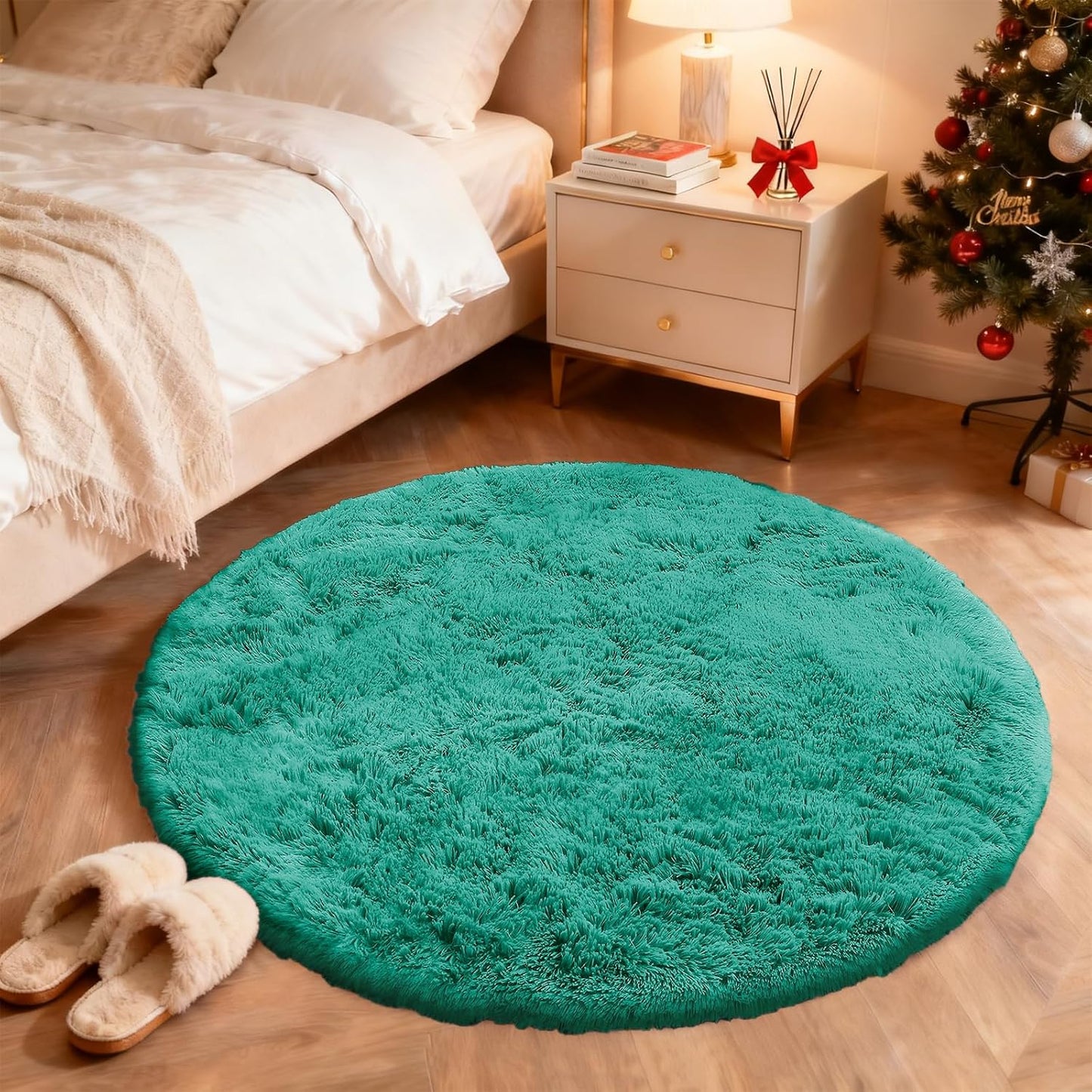 OLANLY Teal Green Round Area Rug - Soft & Fluffy 4 ft Machine Washable Carpet for Bedroom & Nursery Decor