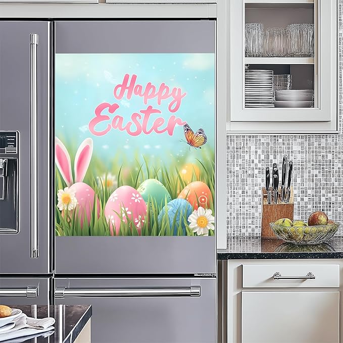 NYZE Easter Dishwasher Magnets Cover, Bunny Dishwasher Magnetic Sticker Decorative, Reusable Dish Washer Cover for Dishwashers (Happy Easter)