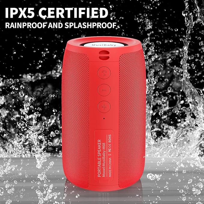 Musibaby M68 Bluetooth Speaker, 12W, IPX5, FM, USB AUX, Pure Red