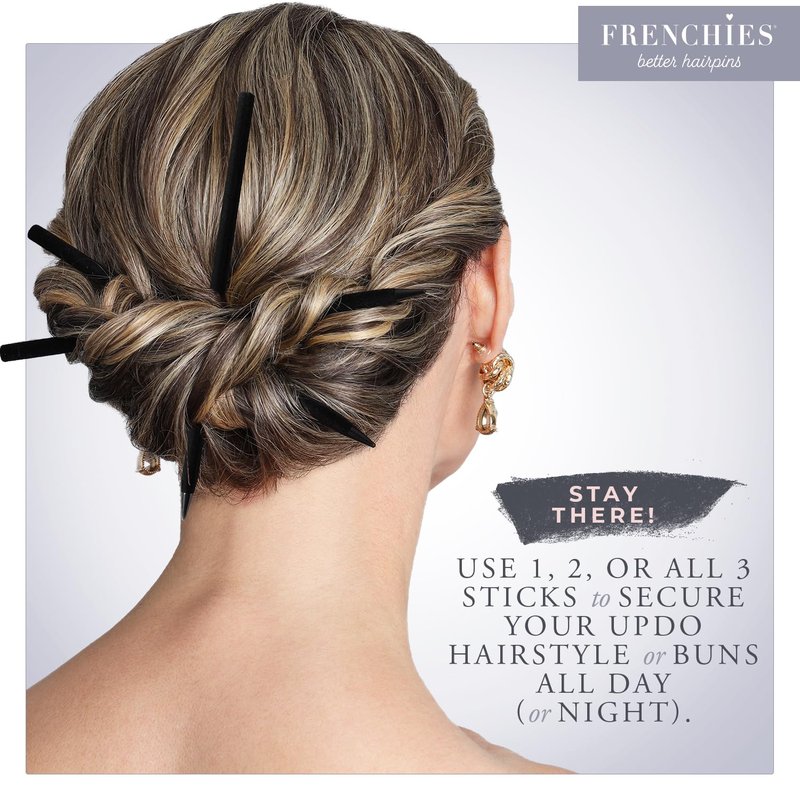 French Twist Hair Sticks | Ultra Soft Flocked Chopsticks for Updos - Pack of 3, Black