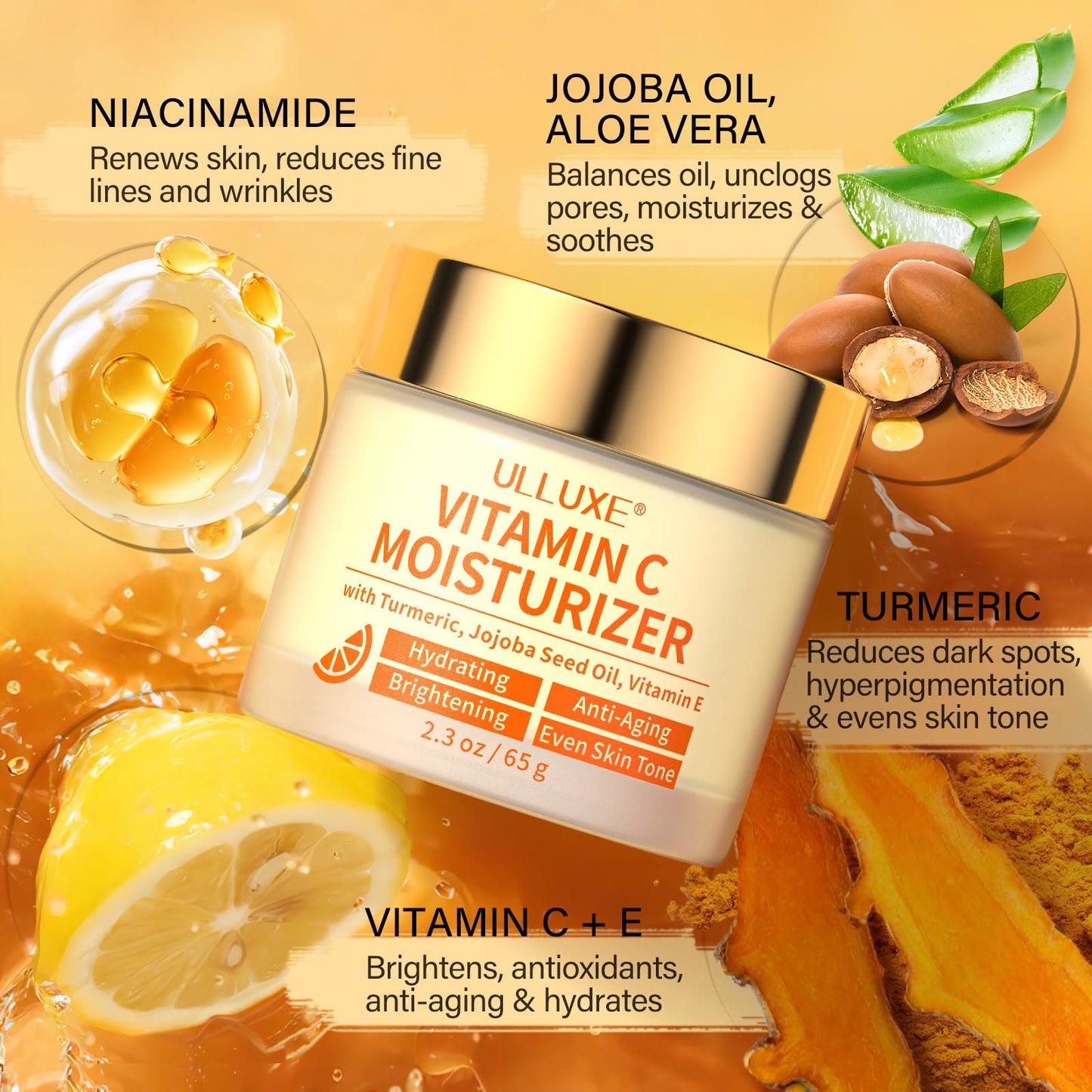 Vitamin C Face Moisturizer, Brightening & Anti-aging Face Cream with Turmeric for Dark Spots, Wrinkles & Uneven Tone, Glowing Skin Care Hydrating with Niacinamide & Squalane for All Skin Types, 2.3 Oz