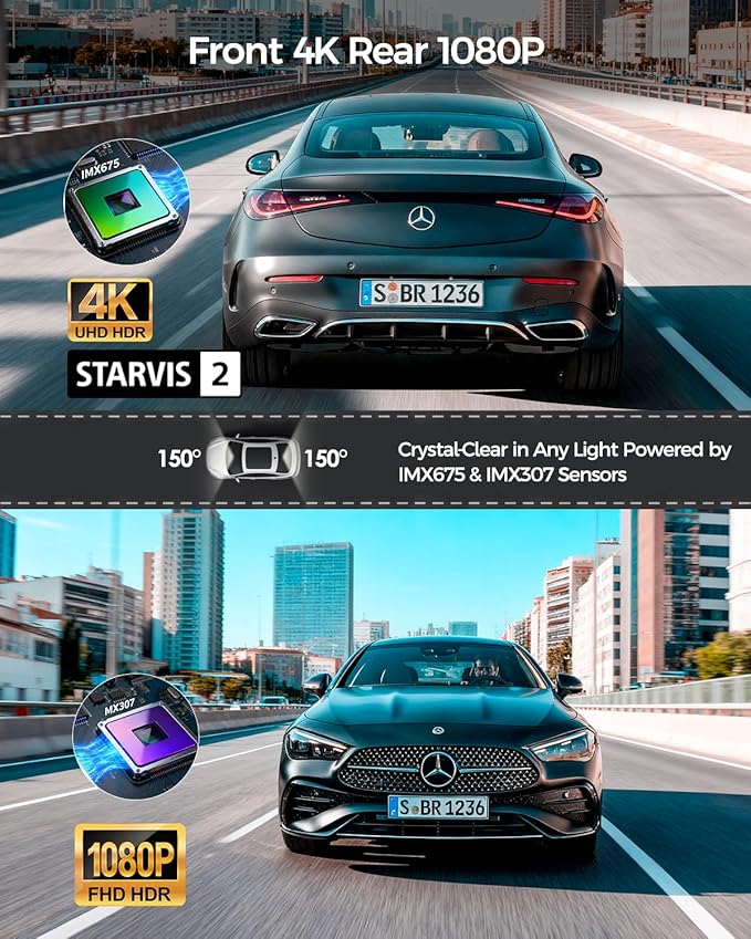 HUPEJOS 4K Dual Dash Cam Front and Rear, Camera for Cars with STARVIS 2 Sensor, 4” Touch Screen Dashboard Camera Built-in 5G WiFi GPS, Free 64GB Card, Voice Control, Night Vision, 24H Parking Mode