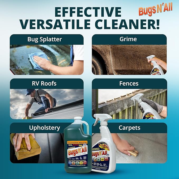 Bugs Nâ All Multipurpose Car Cleaner & Degreaser - Bug & Tar Remover Concentrate 1 Gallon - Exterior Cleaner Safe for Car Paint, Metal, Chrome, Aluminum, Windows & Mirrors - w/Free 32 oz Spray Bottle