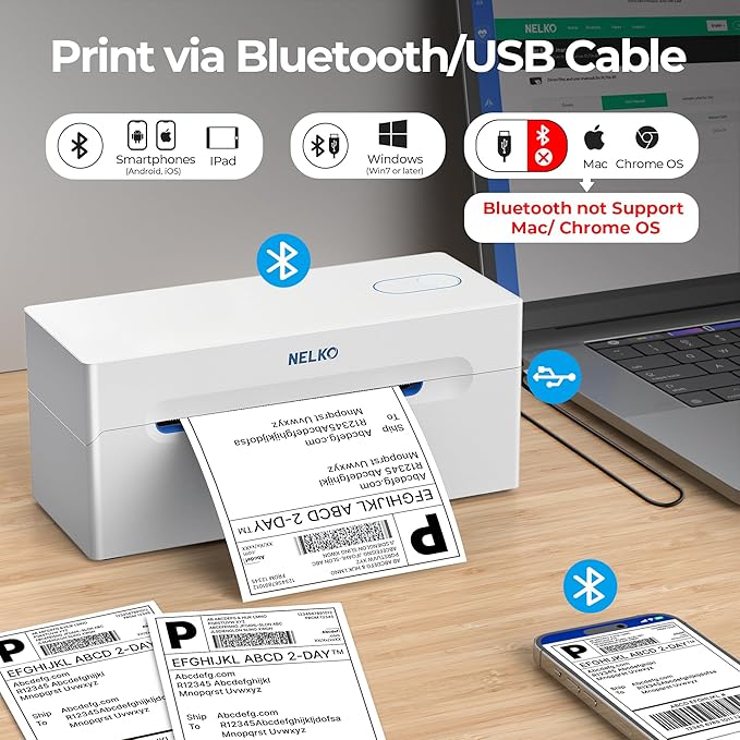 Nelko Bluetooth Thermal Shipping Label Printer, Wireless 4x6 Shipping Label Printer for Small Business, Support Android, iPhone and Windows, Widely Used for Amazon, Shopify, Etsy(White)