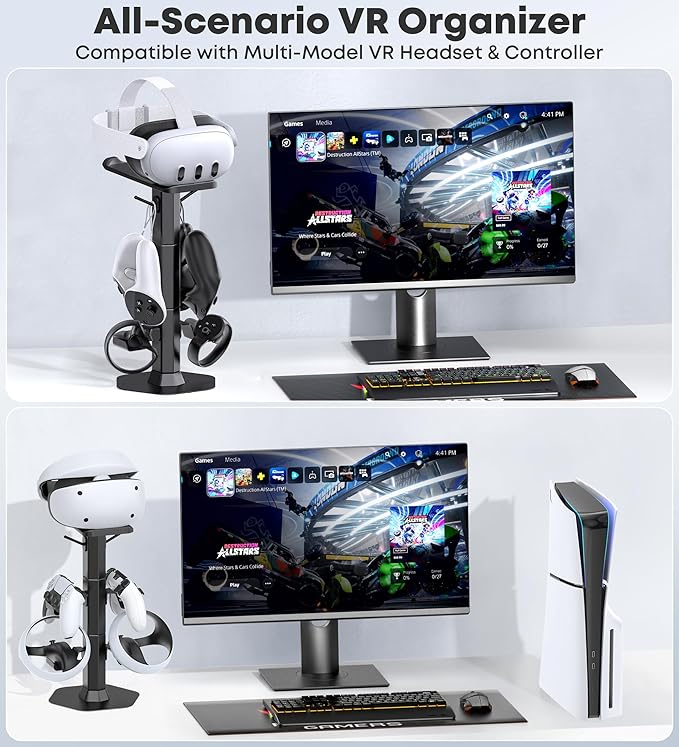 Kosker Headphone & Controller Stand with VR Holder Stand for Desk, Universal VR2 Gaming Headset Stand for PS5/Xbox/PSVR2/Meta Quest, Controller/VR Storage with Cable Organizer, Sega Genesis Consoles