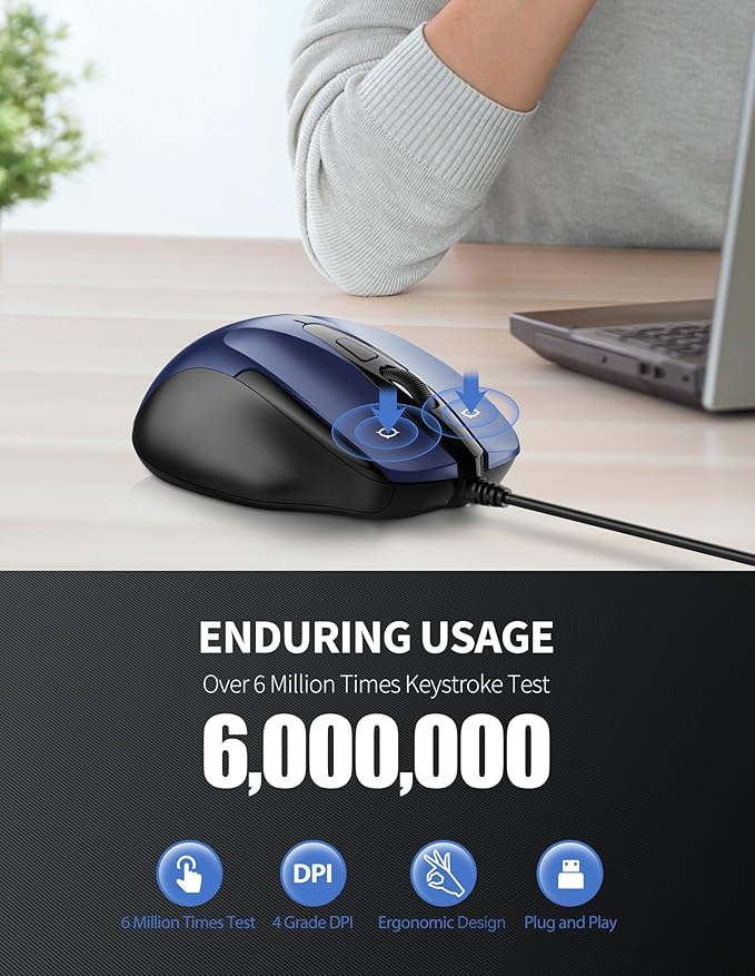 TECKNET USB Wired Mouse, 6-Button Corded Mouse with 2 Adjustable DPI, Optical Computer Mouse with Ergonomic Design and 5FT Cord for Laptop, Chromebook, PC, Desktop, Mac, Notebook-Blue