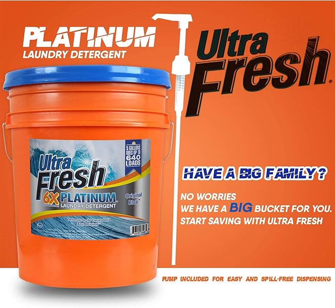 Ultra Fresh 6X Platinum 5 Gallon Laundry Detergent Liquid for All Machine Types with Easy Dispensing Pump, Up to 640 Loads, Original Blue (2 Pack)