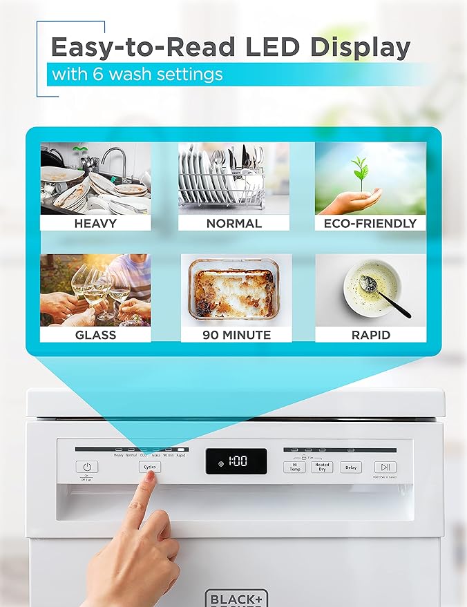 BLACK+DECKER 18” Portable Dishwasher, Compact Dish Washer with 8-Place Setting Capacity, Stainless Steel Tub, 6 Wash Programs, Worktop Space, Mobile Dishwasher with Casters, Faucet Connect, White