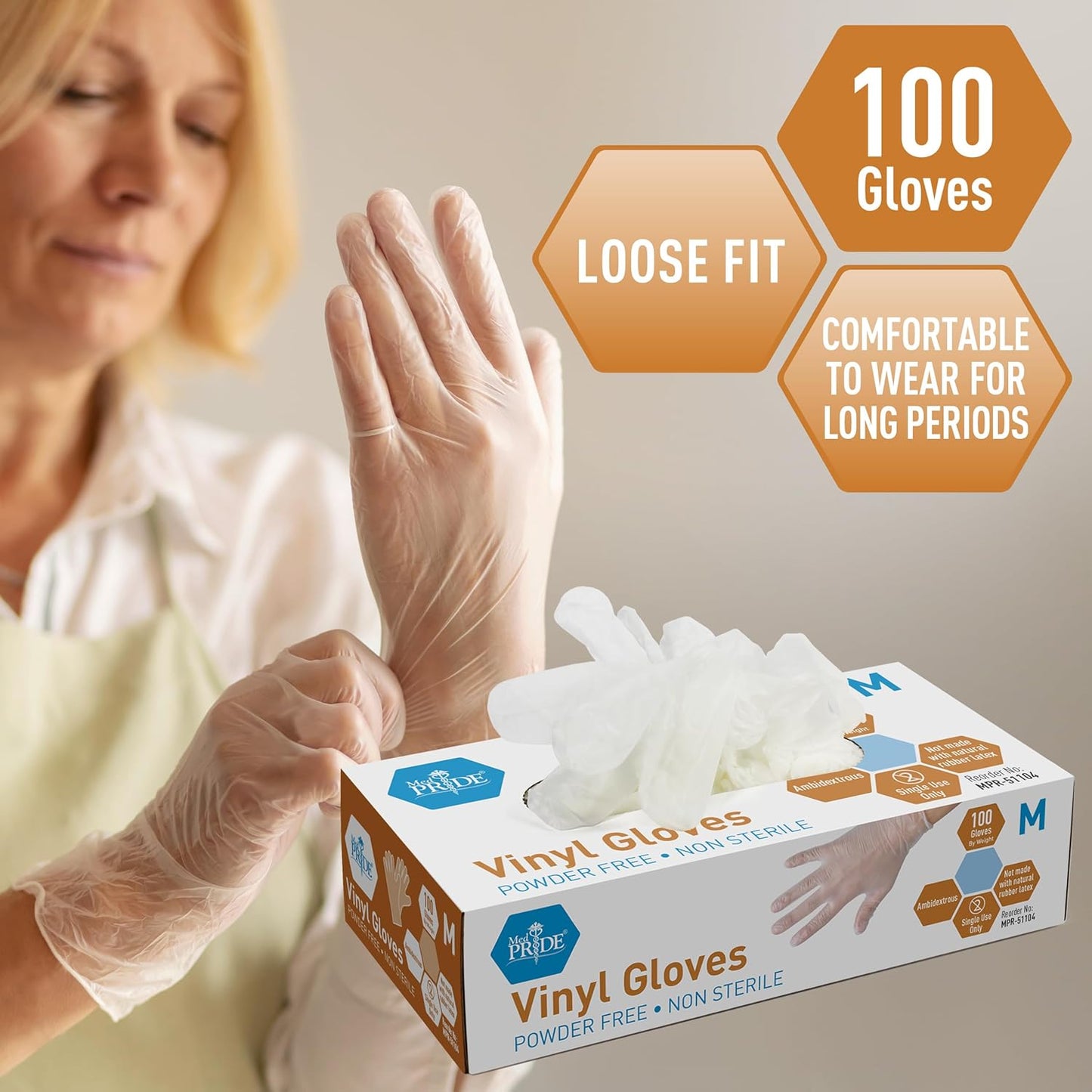 Med PRIDE Vinyl Gloves - Medium Box of 100 | 4.3 Mil Thick, Powder-Free, Heavy-Duty Disposable Gloves for Healthcare & Food Handling