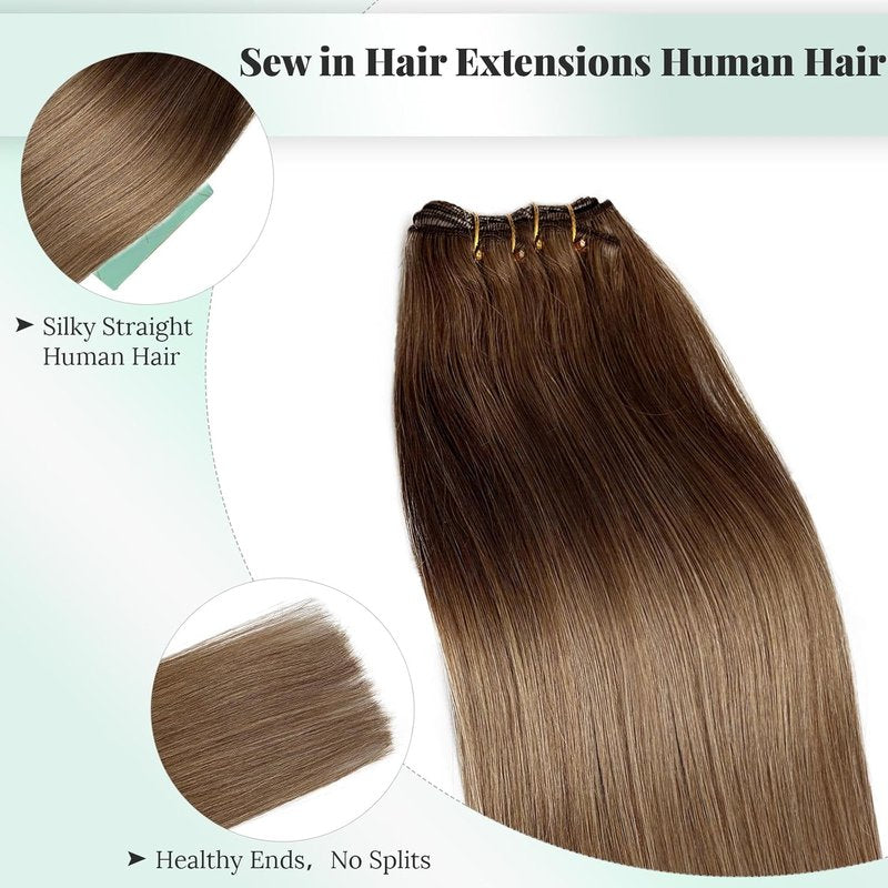 Human Hair Weft Extensions - Ash Brown Sew-In Double Weft | 12 Inch Thick Straight Bundles for Women
