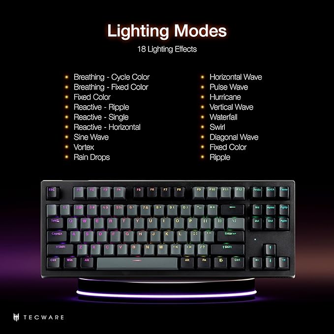 TECWARE Phantom+ Elite 87 Key RGB Mechanical Gaming Keyboard | 3-Mode Wireless Bluetooth 5.0, 2.4GHz & USB-C Wired | Hot-Swappable 5-Pin | Double-Shot PBT Keycaps | Wraith Brown Switch - Black
