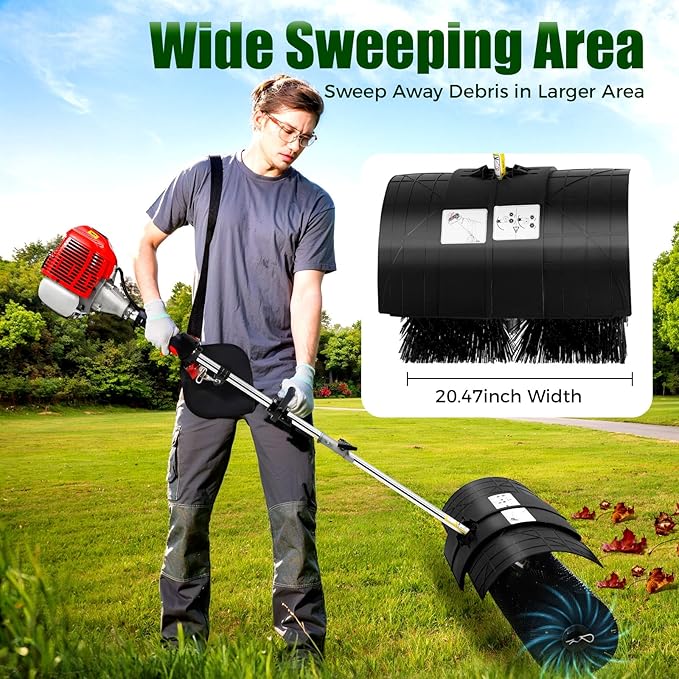 52CC 2-Stroke Gas Power Handheld Sweeper Broom,2.3HP 8500RPM Artificial Grass Brush Lawn Cleaner,20.47in Walk Behind Sweeper Grass Cleaner Tools for Boulevards,Driveways,Lawns,Sidewalks