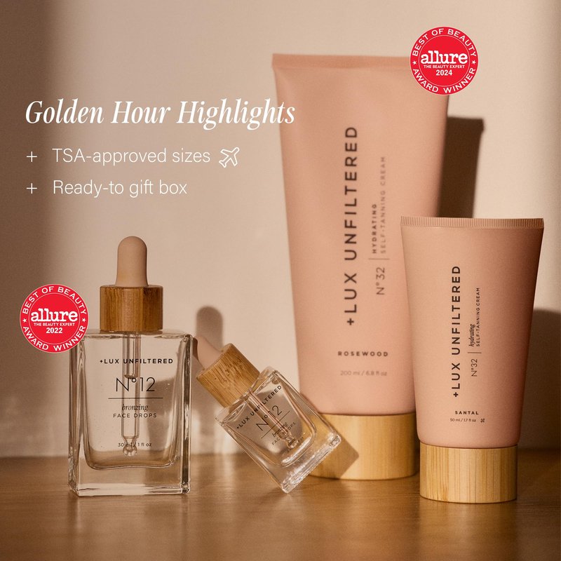 + Lux Unfiltered Mini Golden Hour Set - Includes Best Sellers N°32 Gradual Self Tanner Santal 1.7 fl oz & N°12 Face Tanning Drops 0.27 fl oz - Trial Size Self Tanner - Vegan & Cruelty Free