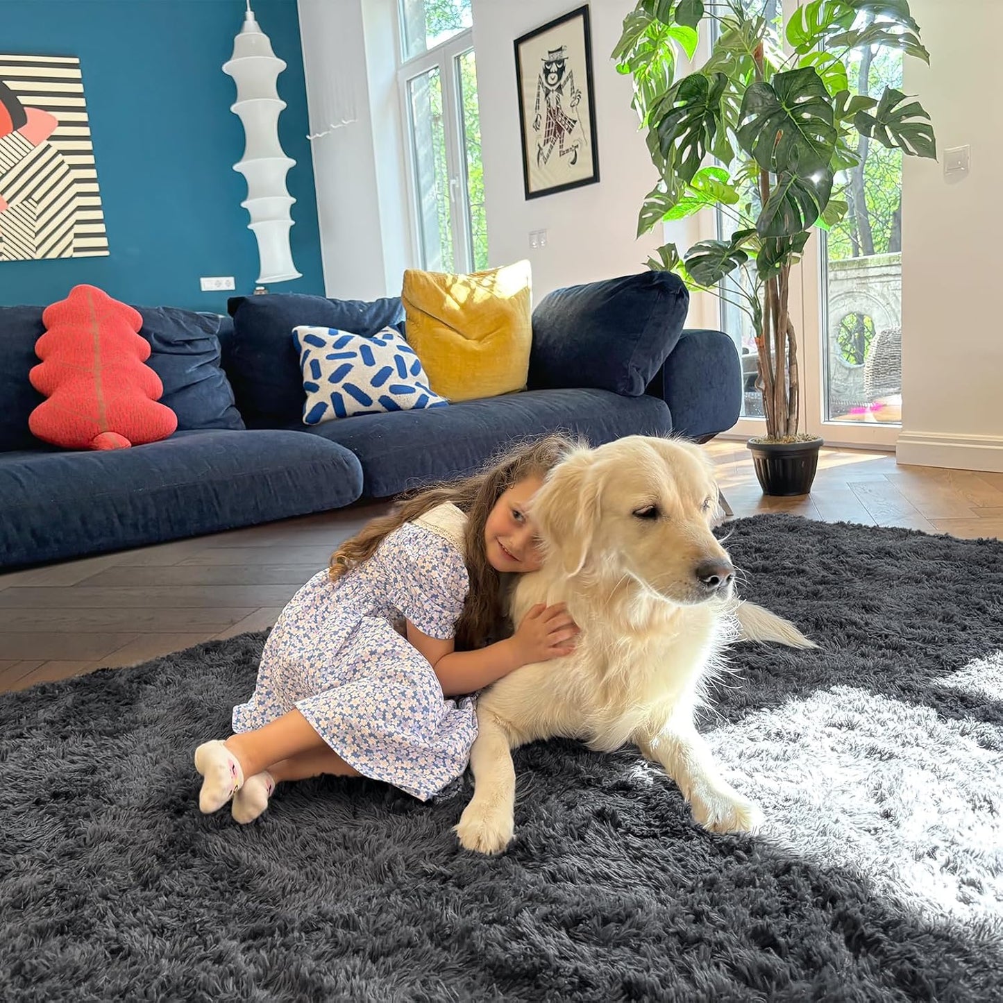 OLANLY Area Rug - Soft Fluffy Shaggy Design for Living Room & Bedroom | Machine Washable, Grey 4x8