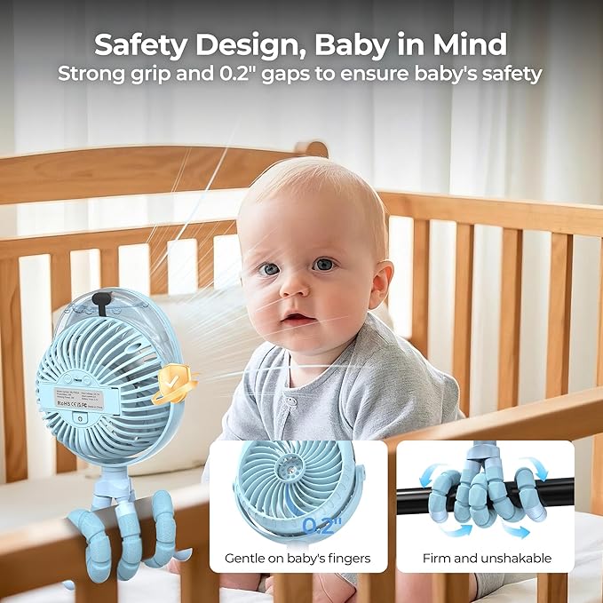 2025 Upgarded 4000mAh Misting Baby Stroller Fan, Rechargeable Battery Operated,Max 15Hrs Cooling,50ml Portable Water Sprayer Misting Fan with Flexible Tripod Clip on Car Seat Crib Treadmill Bunk Bed