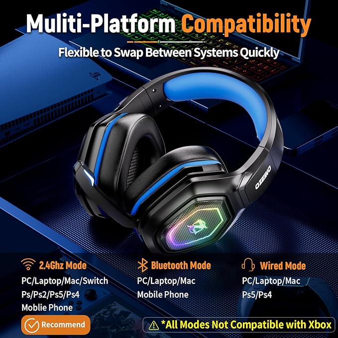 Ozeino Wireless Gaming Headset for PC, Ps5, Ps4 with Flip Microphone