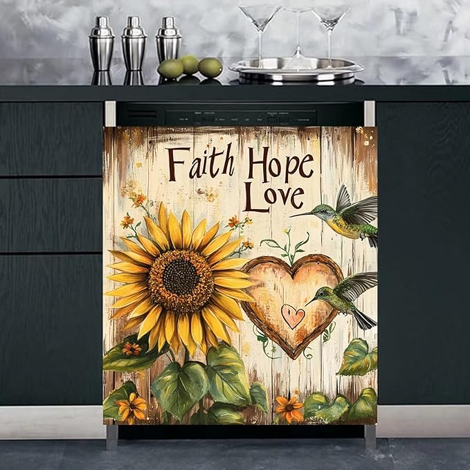 Sunflower Hummingbird Magnet Dishwasher Cover Kitchen Decor Sticker, Faith Hope Love Magnetic Fridge Panel Skin Cover Country Flower Dishwasher Panel Decal, 23" x 26" Magnetic