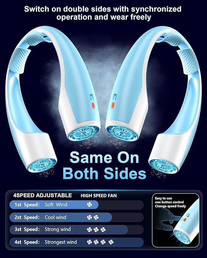 Heelkl AI Neck Fan, 4 Speeds Adjustable Portable Personal Fan Rechargeable, 4000 mAh Battery Faster Cooling Wearable Fan, Ultra Quiet for Home, Office, Travel, Outdoor - White Blue