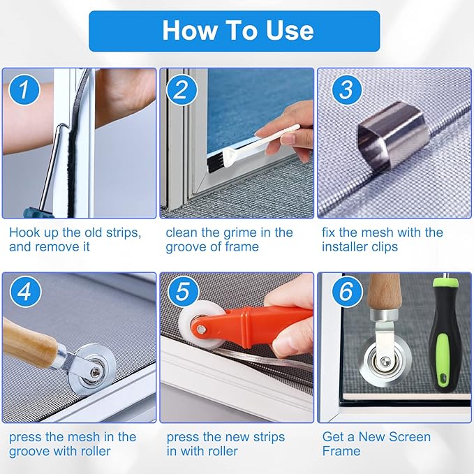 Window Screen Repair Kit Mesh Screen Spline Roller Repair Tools Kit with Screen Installer Clips, Metal and Plastic Spline Fixing Tool Kit for Window Screen1