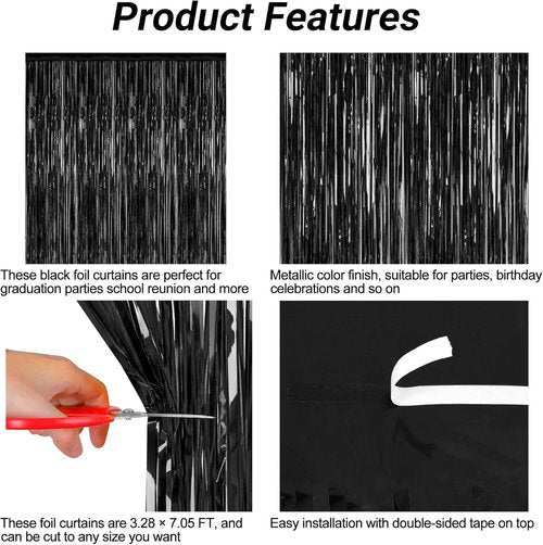 2026 Graduation Party Decorations - 2 Pack Black Backdrop with Metallic Fringe Curtains | 3.28 FT x 7.05 FT