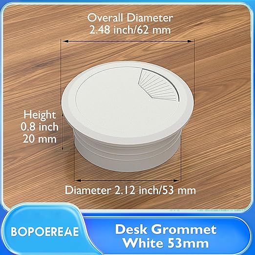 BOPOREAE Desk Grommet 2-1/16" (53 mm), Desk Cord Hole Cover, Cable Grommet ABS Plastic, Desk Hole Grommet for Office and Home Table Cable, Detachable Adjustable Cable Cord Organizer (White 2 Pcs)