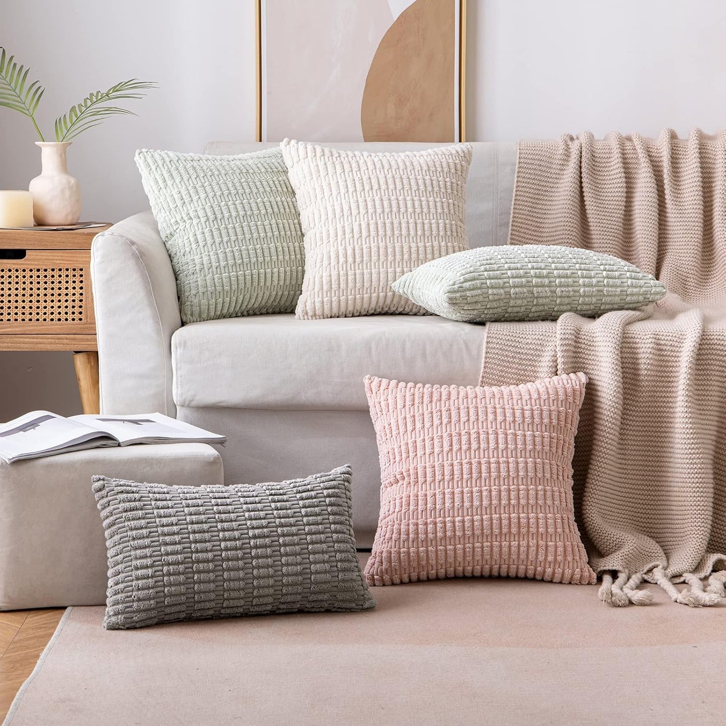 MIULEE Corduroy Throw Pillow Covers - Soft Boho Striped Design | 12x12 Inch Cream White for Modern Farmhouse Decor