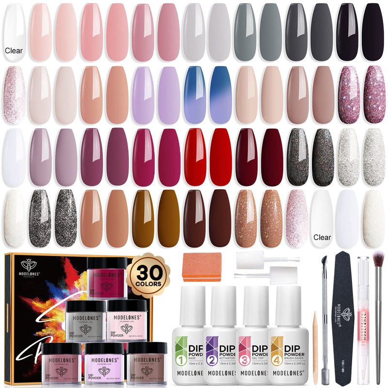 Modelones Dip Powder Nail Kit - 42 Pcs with 30 Colors of Nude Pink Dipping Powder | Essential Liquid Set for DIY Nail Art