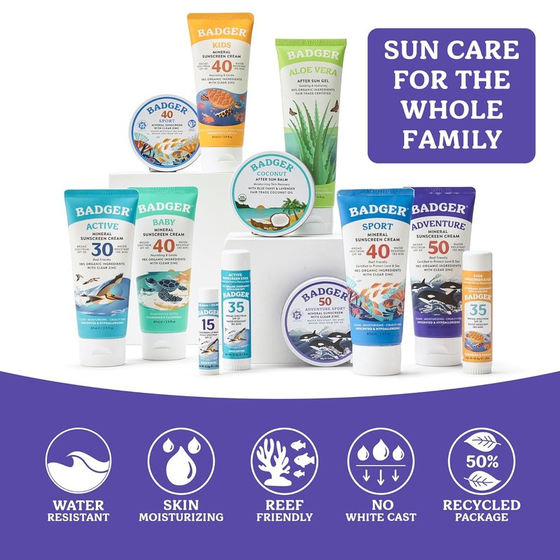 Badger Reef Safe Mineral Sunscreen SPF 50 - 98% Organic, Non-Toxic, Water Resistant, Unscented | 2.9 fl oz