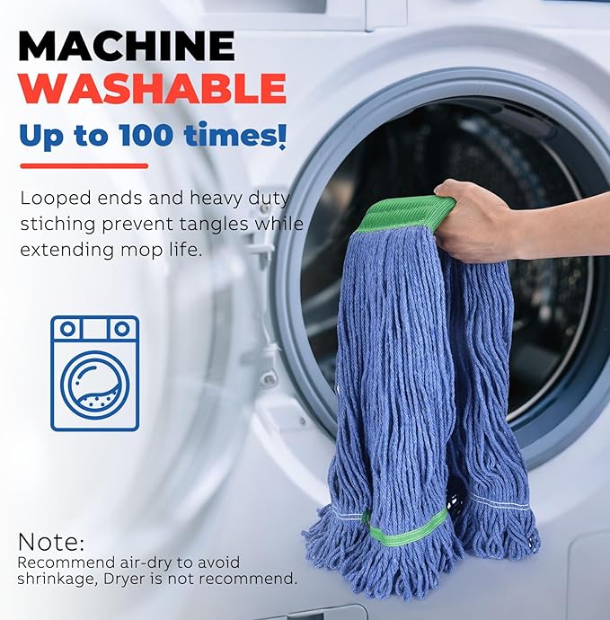 Onesimus 18 oz Heavy Duty Mop Head Replacement, 5 Inch Headband for Quick Change Handle, Blue Loop-End Cotton Blend String Wet Dry Floor Mop Refill Commercial Cleaning Supplies, 6 Pack Medium