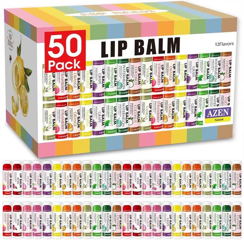 Moisturizing Lip Balm Bulk - 50 Pack for Dry Cracked Lips | 12 Flavors, Perfect for Gifts