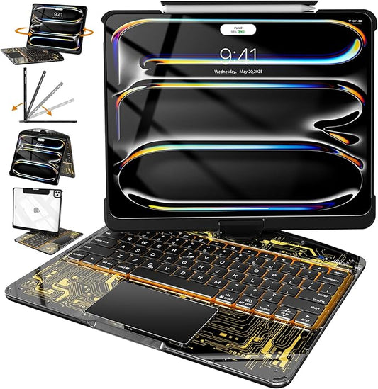 Intermerge Clear Keyboard Case for iPad Pro 13"(M5,2025/ M4,2024), 360° Swivel Multi-Touch Trackpad, 7-Color RGB Backlit, Pencil Holder, Type-C, Power Indicator, Shadow Pulse