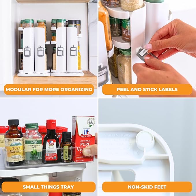 Cabinet Caddy SNAP! Spice Rack Organizer for Cabinet - Slide & Rotate Seasoning Organizer - 4 Snap-In Adjustable Shelves for 5 Tier of Storage - Magnetic Modular Design - 8.9âH x 6.1âW x 10.8âD