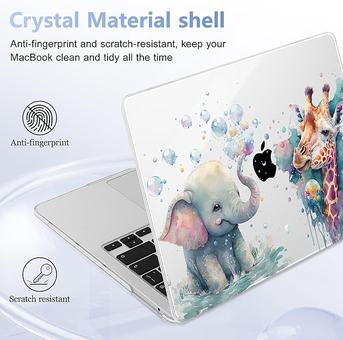 Lepeoac Case for MacBook Pro 13 inch Case M2 2022-2016 A2338 M1 A2251 A2289 A2159 A1989 A1708 A1706, Plastic Hard Shell + Keyboard Cover + Dust Plug - Elephant & Giraffe