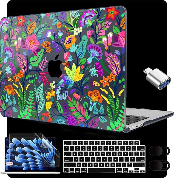 MEEgoodo for M5/M4/M3/M2 MacBook Air 15 inch Case 2026 2025 2024 2023, Case Fit Model (A3448/A3241/A3114/A2941) for MacBook Air 15.3 inch, Bright Flowers & Tropic Leaves