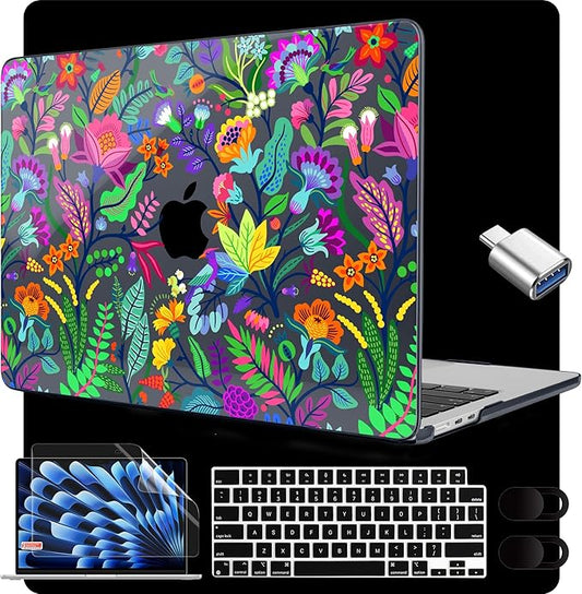 MEEgoodo for M5/M4/M3/M2 MacBook Air 15 inch Case 2026 2025 2024 2023, Case Fit Model (A3448/A3241/A3114/A2941) for MacBook Air 15.3 inch, Bright Flowers & Tropic Leaves