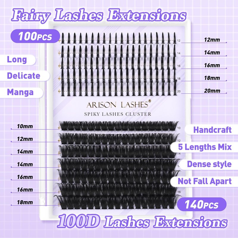 ARISON LASHES Cluster Lashes with Spikes, Spiky Manga Lash Clusters & 100D Volume Individual False Eyelashes for Dramatic DIY Eye Makeup, Cosplay Party Photo Looks, 10-20mm Mix