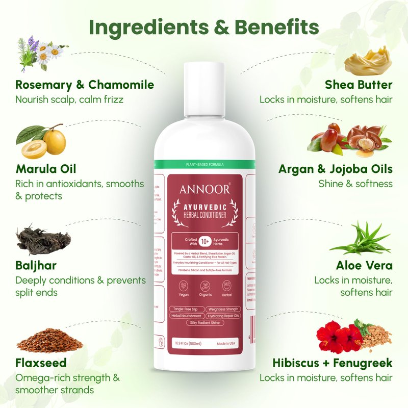 Annoor Ayuverdic Herbal Conditioner 16.9 Fl Oz | Plant-Based | Paraben and Sulfate-Free | With Shea Butter, Argan Oil, Castor Oil, Rice Protein and 10+ Herbs | Shine, Volume and Strength