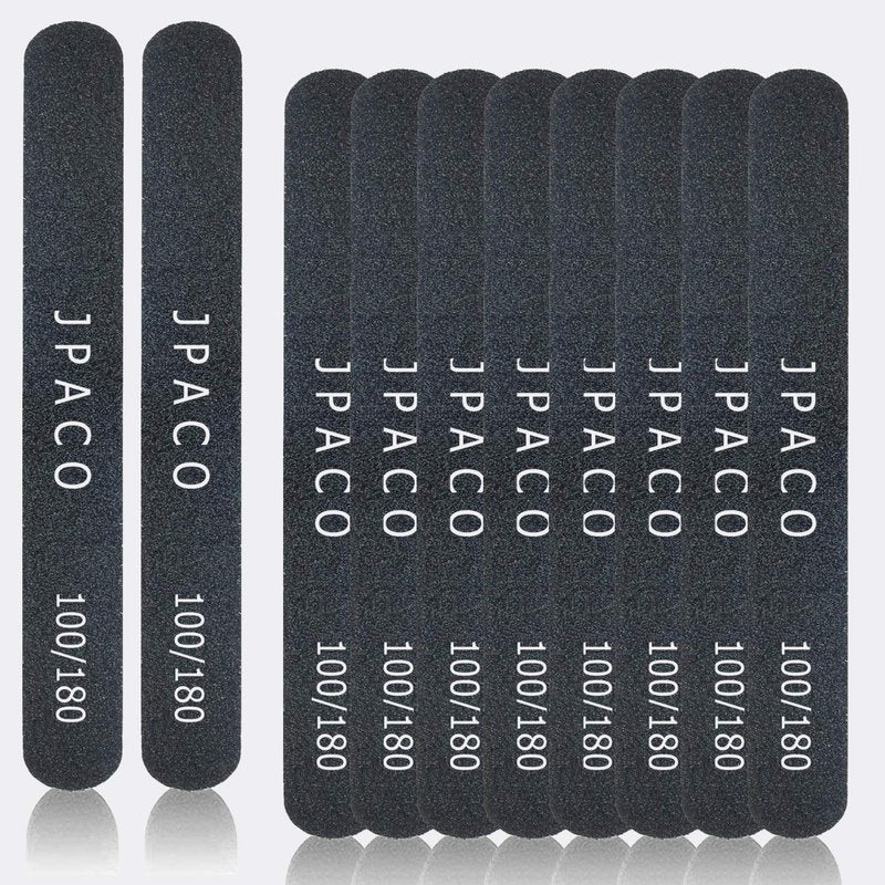 12-Pack Professional Nail Files: Double-Sided Emery Boards for Natural, Acrylic, Poly, and Gel Nails – Washable Black Manicure Tools Set by JPACO (100/180 Grit)