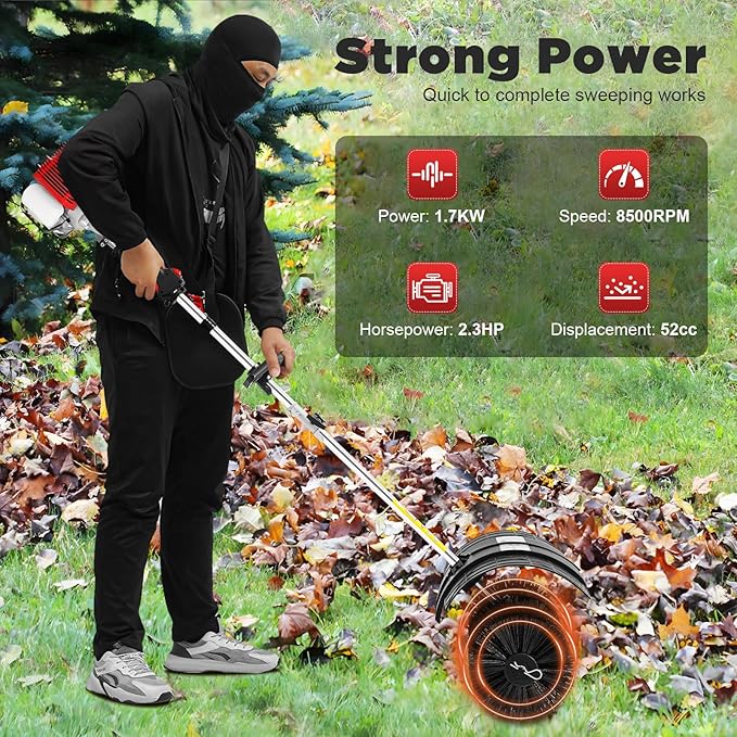 2-Stroke 52CC Gas Power Handheld Sweeper, Motor Side-Mounted Sweepers Snowplow Broom Driveway Turf Lawns Artificial Grass Power Brush Lawn Sweeper Cleaner Tools (52CC 2.3HP(Blowing Function))